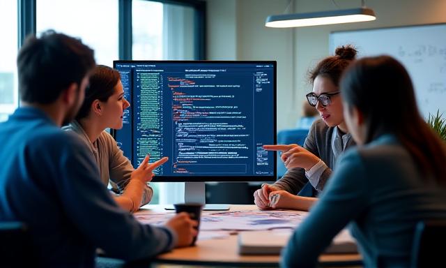 Equipo de científicos de datos colaborando en un modelo de machine learning complejo